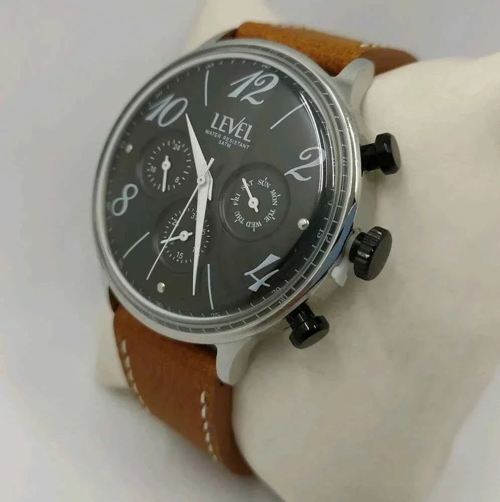 Vintage Style LEVEL Watch. Black Dial, Brown Strap -
